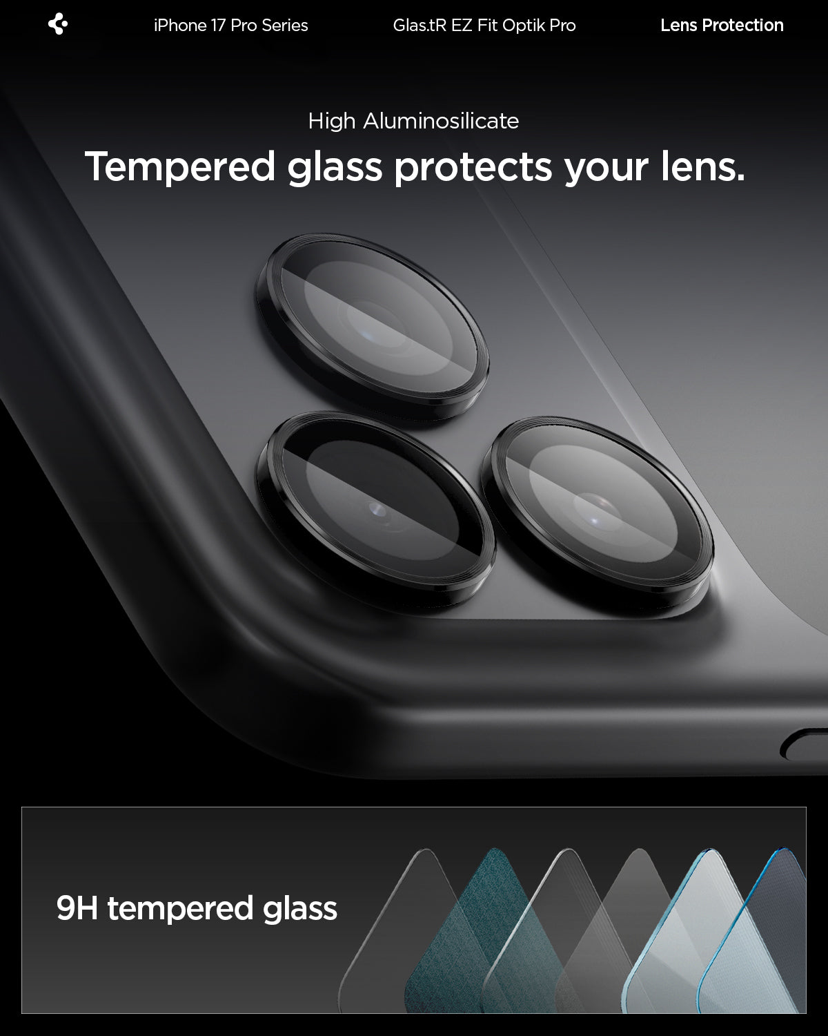 Spigen iPhone 17 Pro Max / 17 Pro Lens Protector – Optik Pro EZ Fit - Black - 9H tempered glass detail