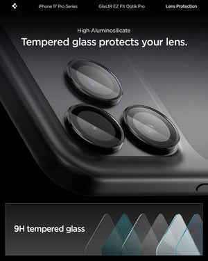 Spigen iPhone 17 Pro Max / 17 Pro Lens Protector – Optik Pro EZ Fit - Black - 9H tempered glass detail