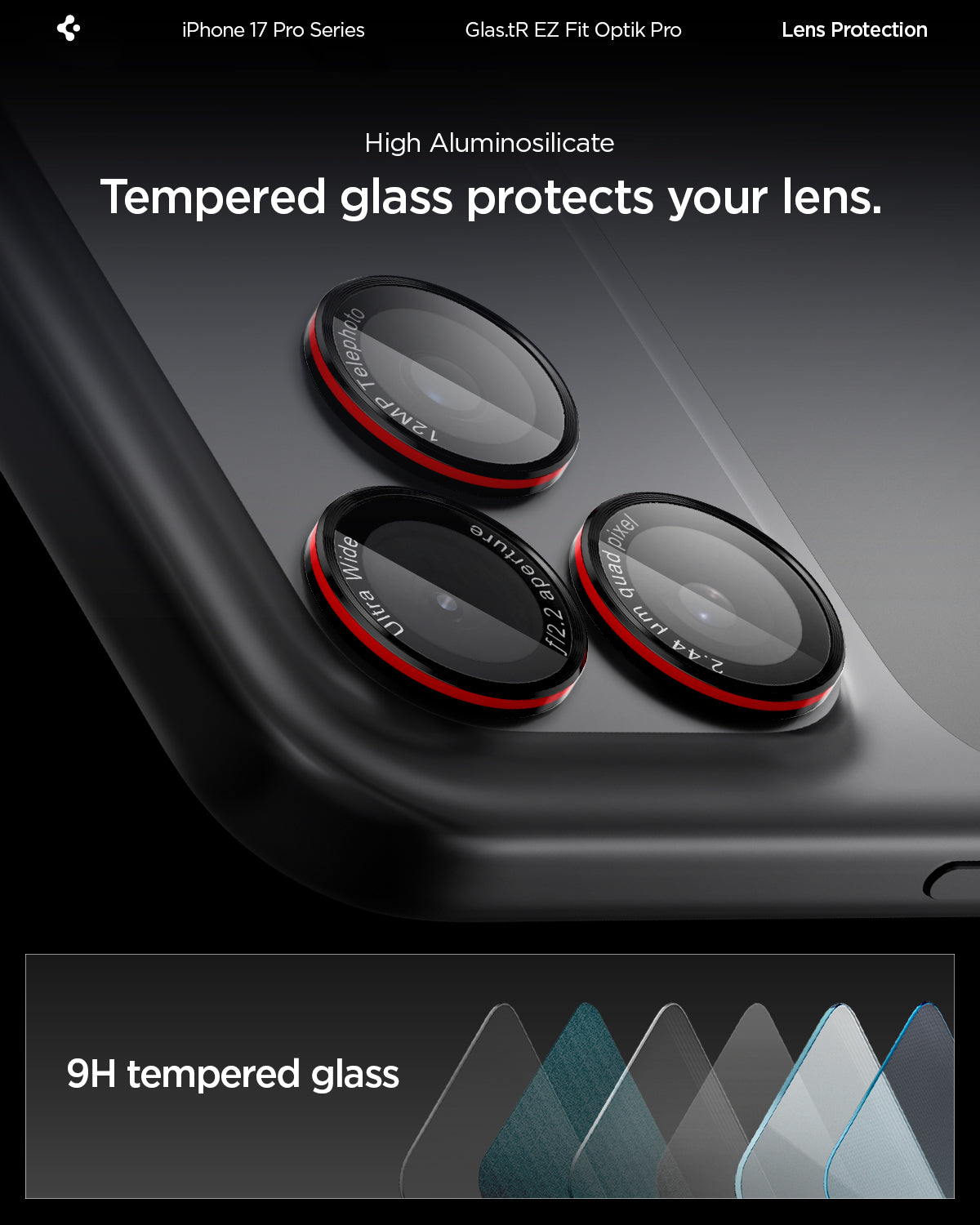 Spigen iPhone 17 Pro Max / 17 Pro Lens Protector – Optik Pro EZ Fit - L-Series - 9H tempered glass detail