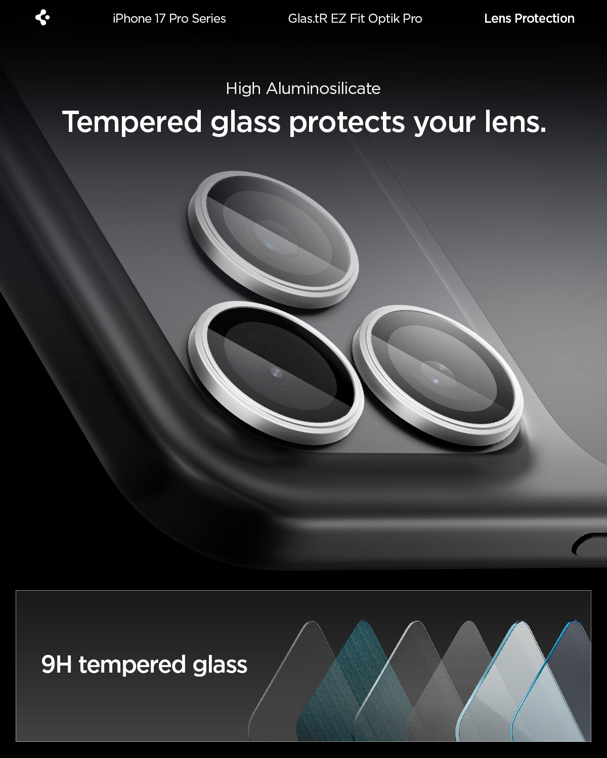 Spigen iPhone 17 Pro Max / 17 Pro Lens Protector – Optik Pro EZ Fit - Silver - 9H tempered glass detail