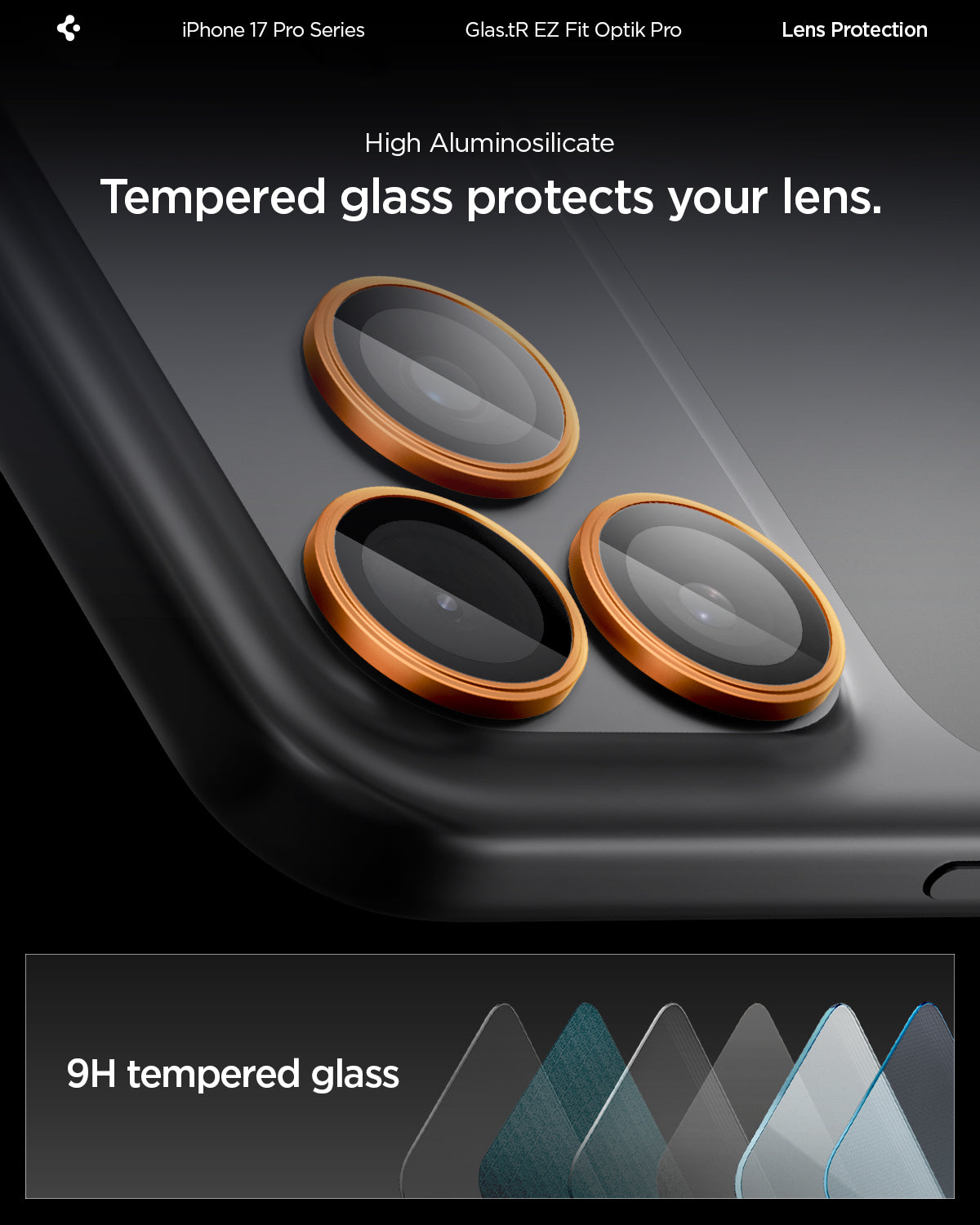 Spigen iPhone 17 Pro Max / 17 Pro Lens Protector – Optik Pro EZ Fit - Orange - 9H tempered glass detail