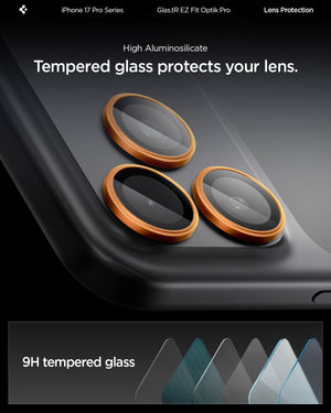 Spigen iPhone 17 Pro Max / 17 Pro Lens Protector – Optik Pro EZ Fit - Orange - 9H tempered glass detail