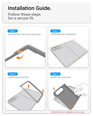iPhone Duo Nano Pop (Mag Fit) in Black Sesame showing a four-step installation guide for securely attaching the front and rear case pieces
