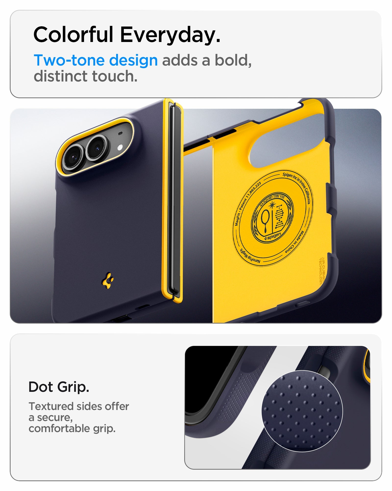 iPhone Duo Nano Pop (Mag Fit) in Blueberry Navy showing a two-tone case design with textured dot grip along the sides for a secure hold