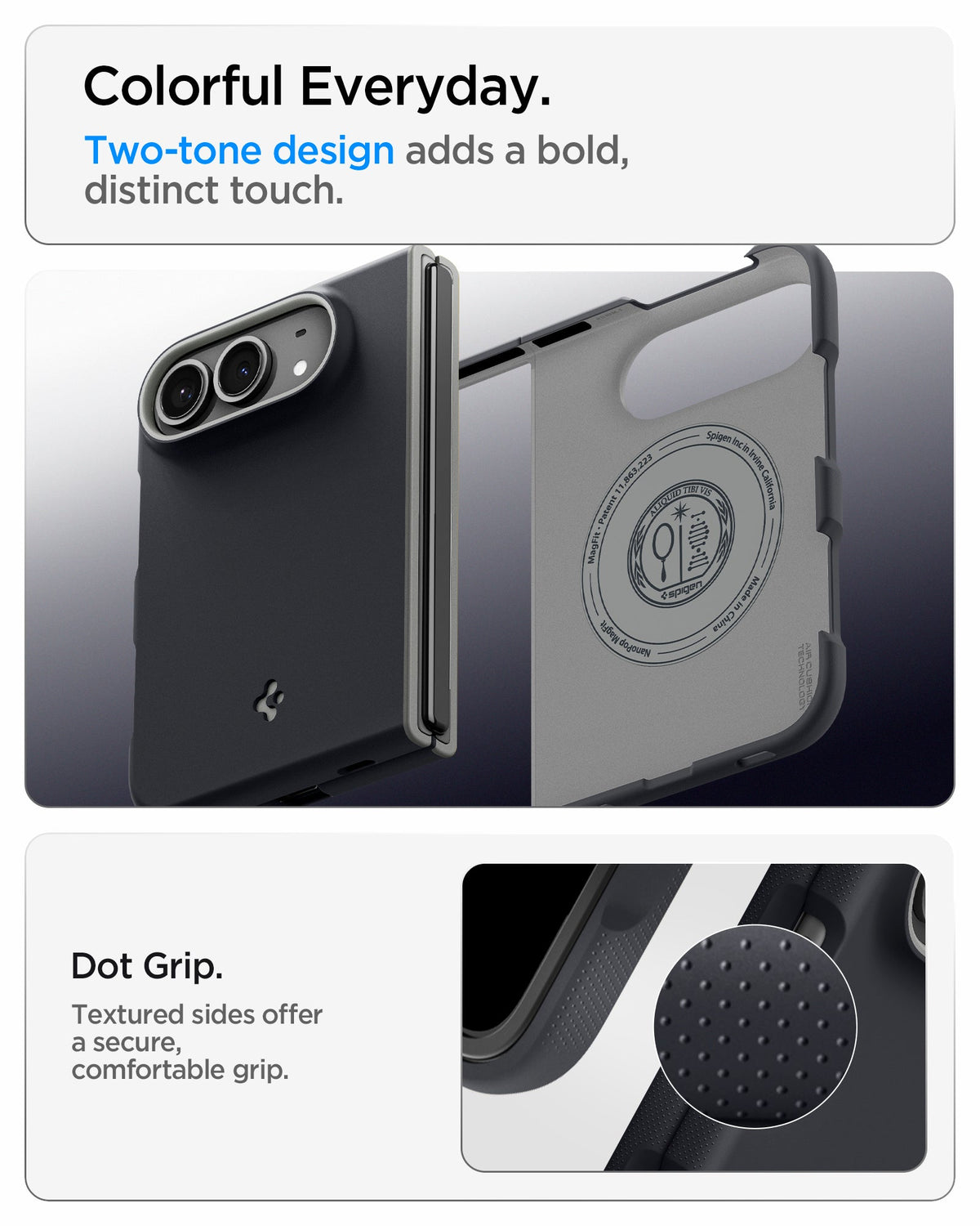 iPhone Duo Nano Pop (Mag Fit) in Black Sesame showing a two-tone case design with textured dot grip along the sides for a secure hold