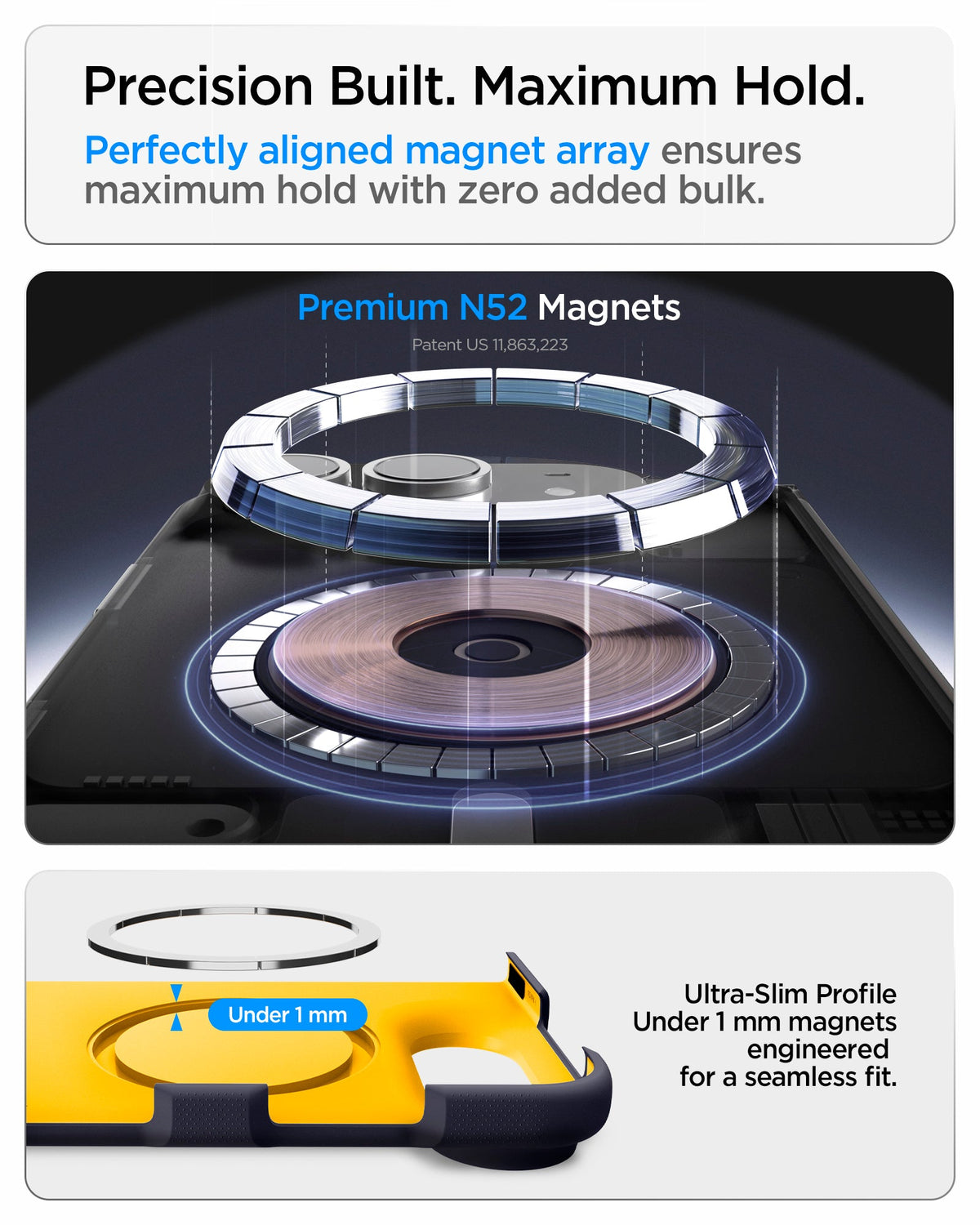 iPhone Duo Nano Pop (Mag Fit) in Blueberry Navy showing an aligned N52 magnet array and ultra-slim magnetic structure for a secure fit