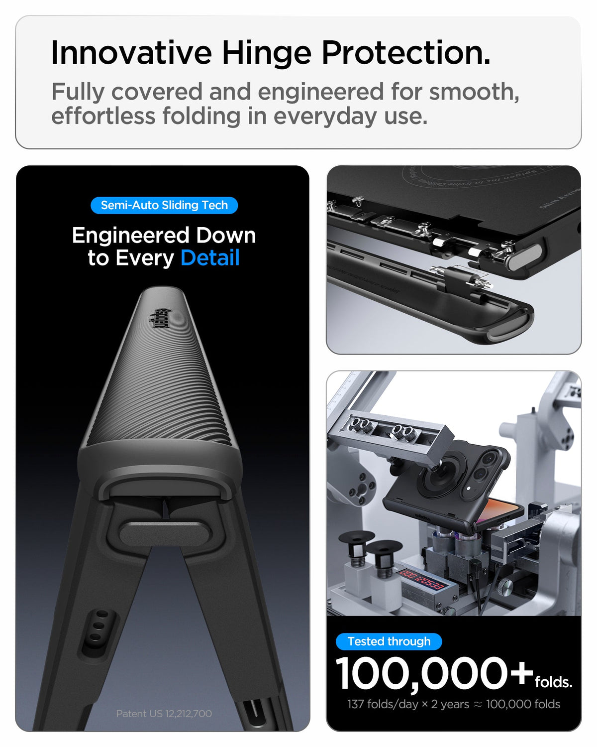 iPhone Duo Slim Armor Pro S (Mag Fit) showing the hinge protection system with sliding components and fold testing