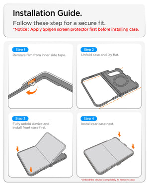 iPhone Duo Tough Armor Pro (Mag Fit) in Metal Slate showing a four-step installation guide for securing the front and rear case