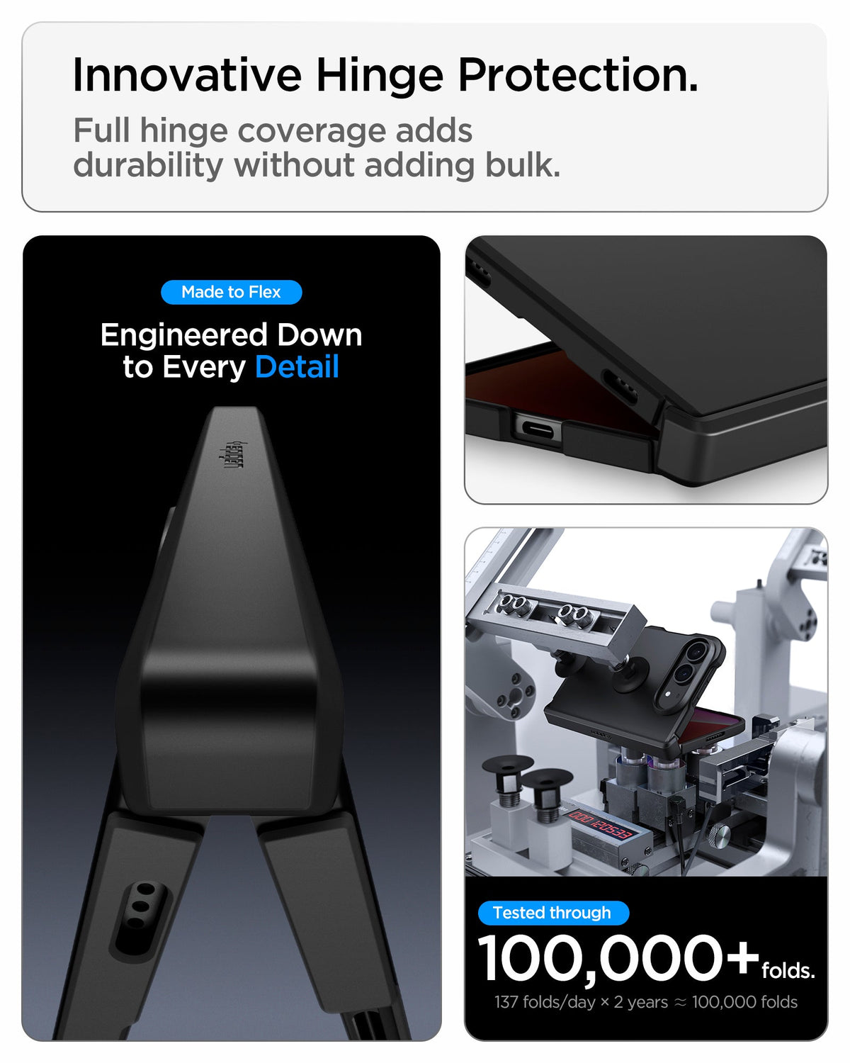 iPhone Duo Tough Armor Pro (Mag Fit) in Black showing the hinge protection system with sliding components and fold testing