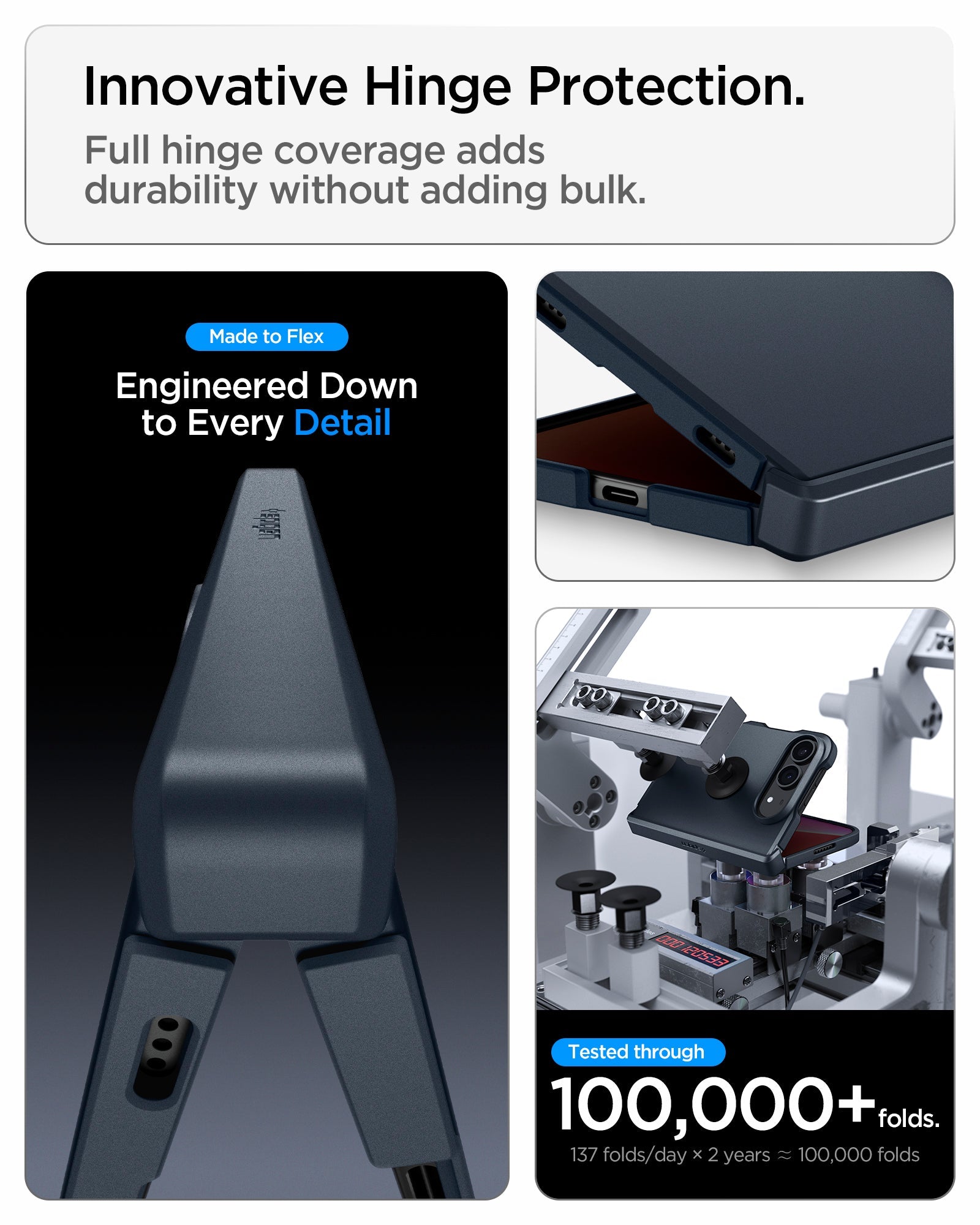 iPhone Duo Tough Armor Pro (Mag Fit) in Metal Slate showing the hinge protection system with sliding components and fold testing
