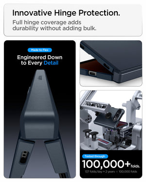 iPhone Duo Tough Armor Pro (Mag Fit) in Metal Slate showing the hinge protection system with sliding components and fold testing