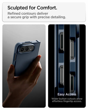 iPhone Duo Tough Armor Pro (Mag Fit) in Metal Slate showing contoured edges and wider button cutouts designed for a secure grip and easy access
