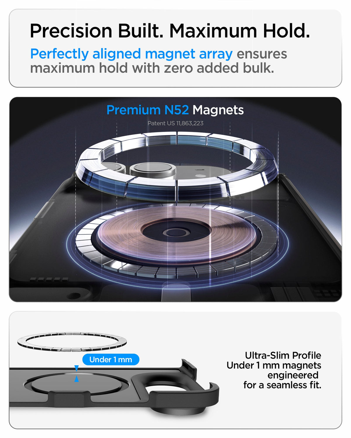 iPhone Duo Tough Armor Pro (Mag Fit) in Black showing an aligned N52 magnet array and ultra-slim magnetic profile