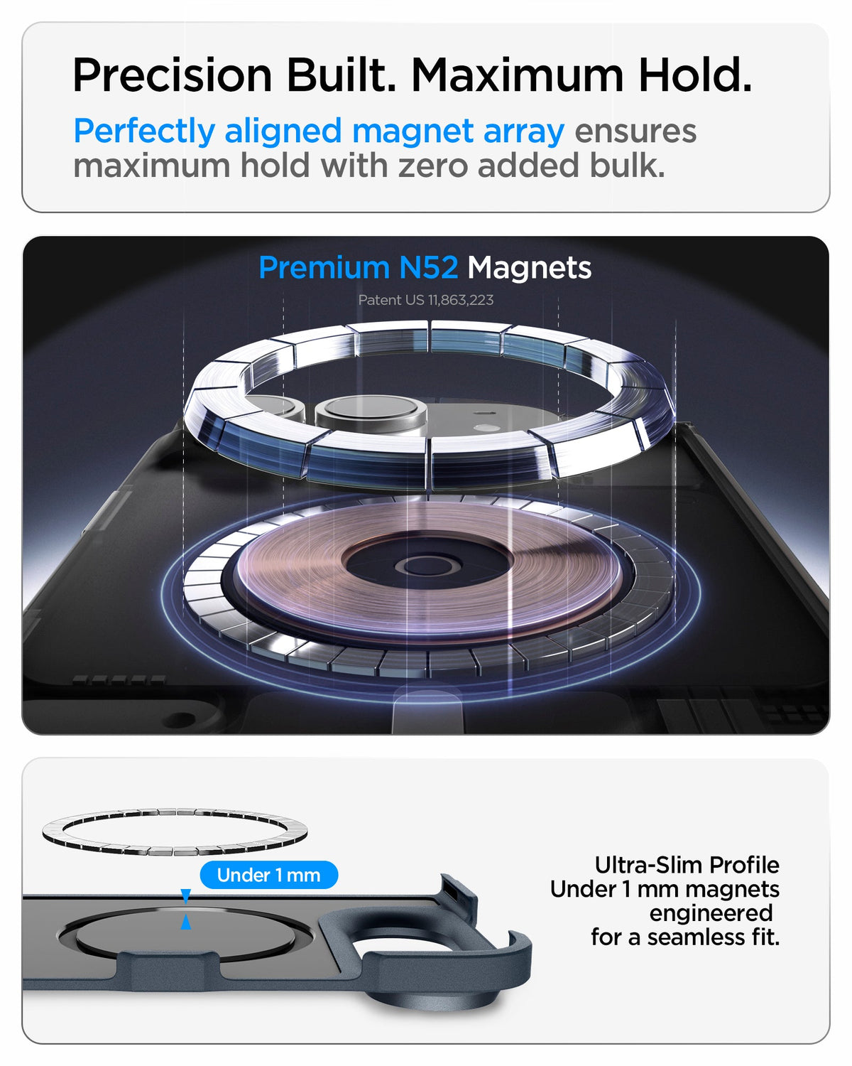 iPhone Duo Tough Armor Pro (Mag Fit) in Metal Slate showing an aligned N52 magnet array and ultra-slim magnetic profile