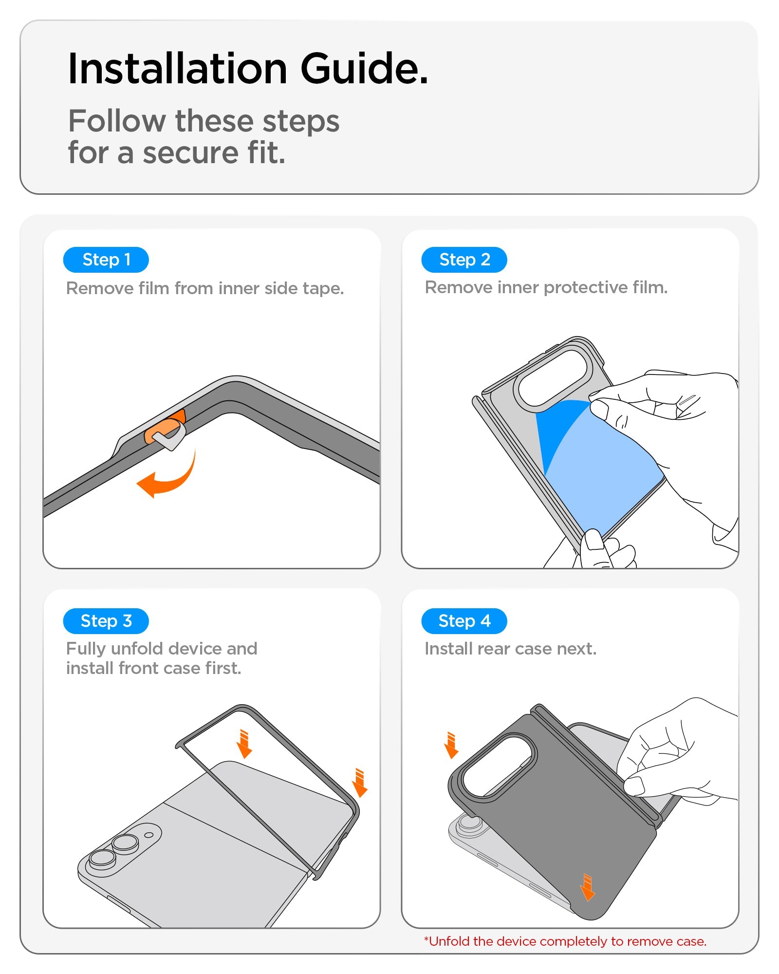 iPhone Duo Ultra Hybrid Pro showing a four-step installation guide for removing protective films and securely installing the front and rear case