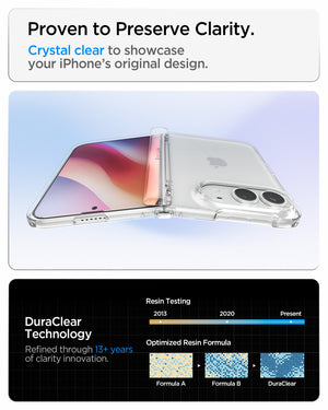 iPhone Duo Ultra Hybrid Pro showing the crystal clear case with DuraClear Technology designed to preserve clarity over time
