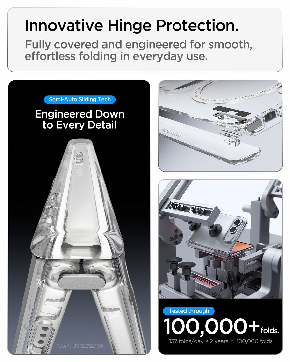 iPhone Duo Ultra Hybrid Pro showing semi-auto sliding hinge protection engineered for smooth folding and tested through 100,000+ folds