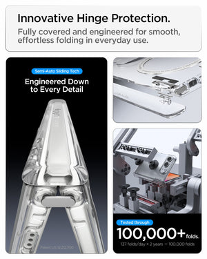 iPhone Duo Ultra Hybrid Pro showing semi-auto sliding hinge protection engineered for smooth folding and tested through 100,000+ folds