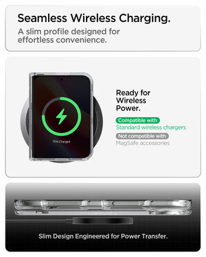 iPhone Duo Ultra Hybrid Pro showing a slim case profile designed for standard wireless charging and efficient power transfer
