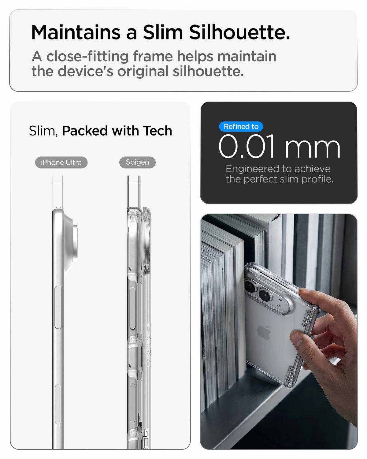 iPhone Duo Ultra Hybrid Pro showing the close-fitting slim profile with a 0.01 mm refined design and everyday handling
