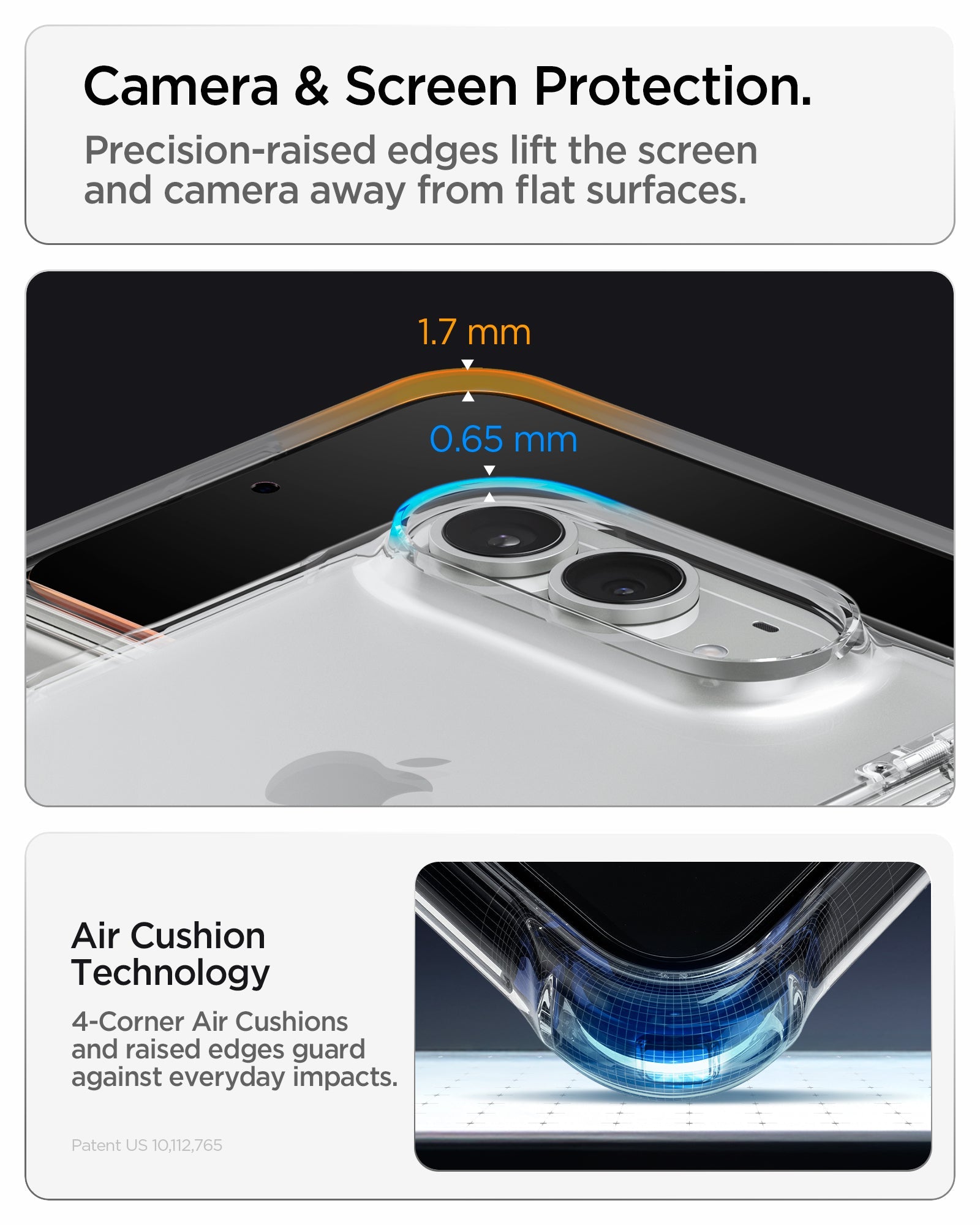 iPhone Duo Ultra Hybrid Pro showing raised screen and camera edges with Air Cushion Technology for added corner protection