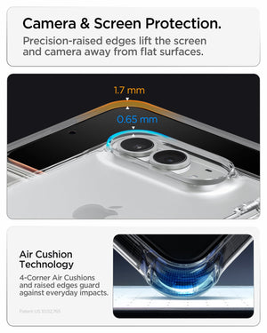 iPhone Duo Ultra Hybrid Pro showing raised screen and camera edges with Air Cushion Technology for added corner protection