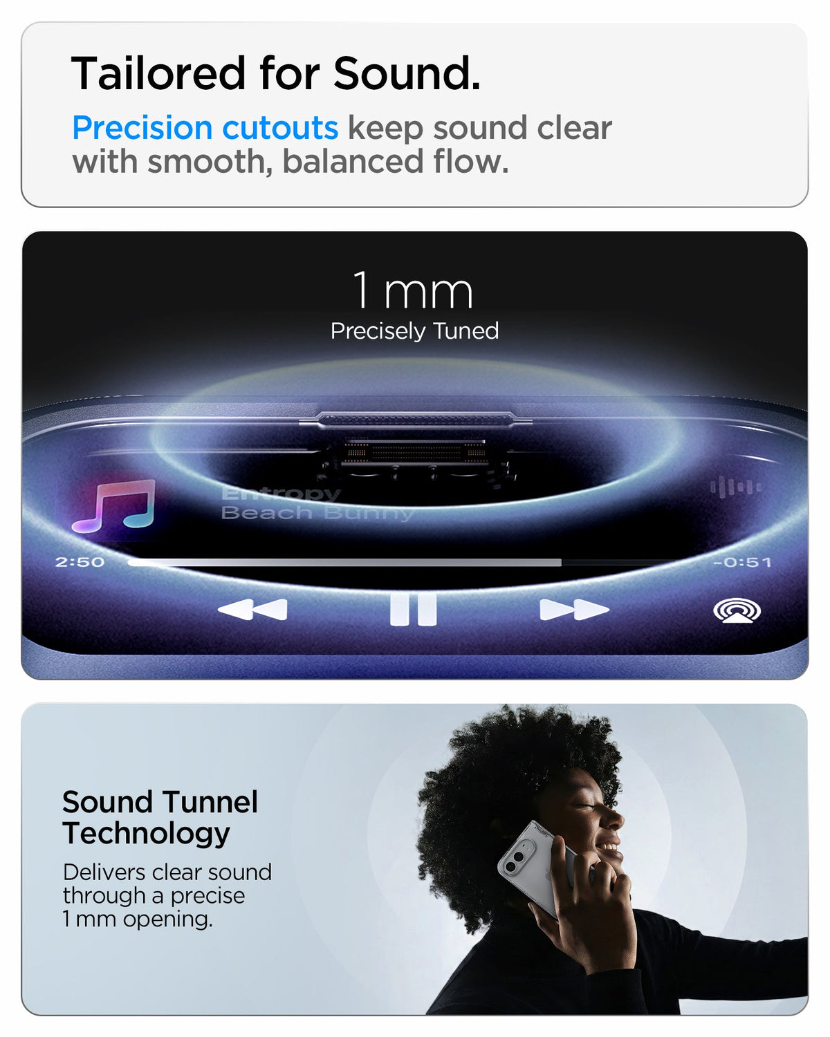 iPhone Duo Ultra Hybrid Pro showing precision 1 mm sound cutouts designed to maintain clear and balanced audio