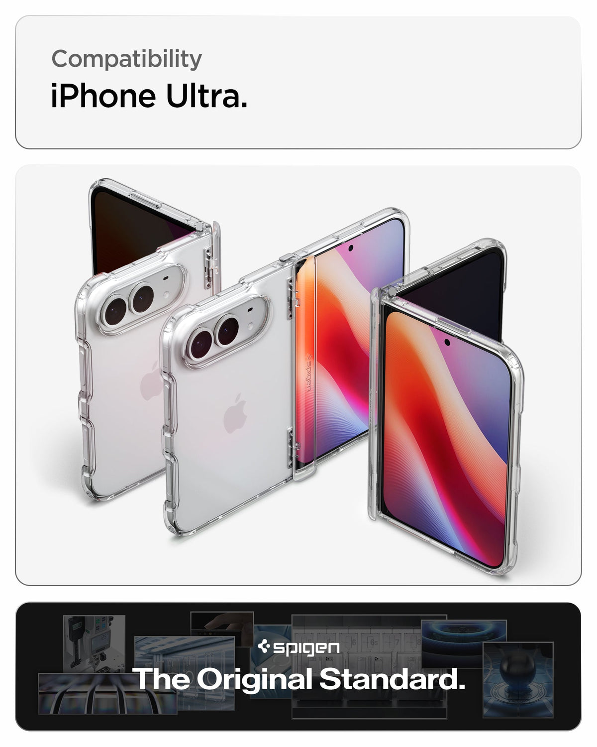 iPhone Duo Ultra Hybrid Pro showing the clear case in multiple folding positions with compatibility for iPhone Duo