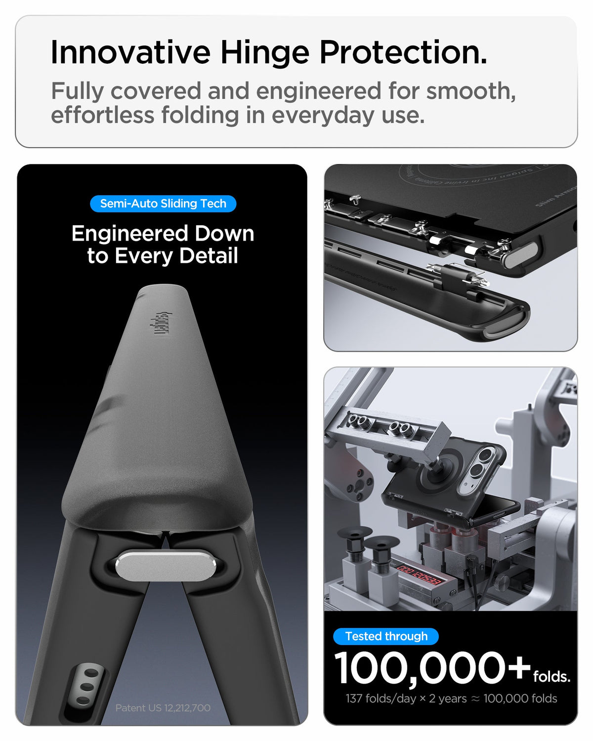 iPhone Duo Ultra Hybrid Pro (Mag Fit) in Frost Black showing the hinge protection system with sliding components and fold testing