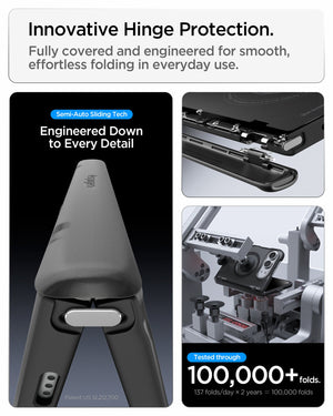 iPhone Duo Ultra Hybrid Pro (Mag Fit) in Frost Black showing the hinge protection system with sliding components and fold testing