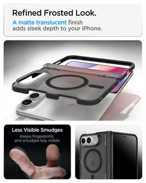 iPhone Duo Ultra Hybrid Pro (Mag Fit) in Frost Black showing the transparent case design and long-term clarity testing technology