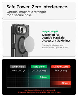 iPhone Duo Ultra Hybrid Pro (Mag Fit) in Frost Black showing optimized magnetic strength for a secure hold with reduced interference