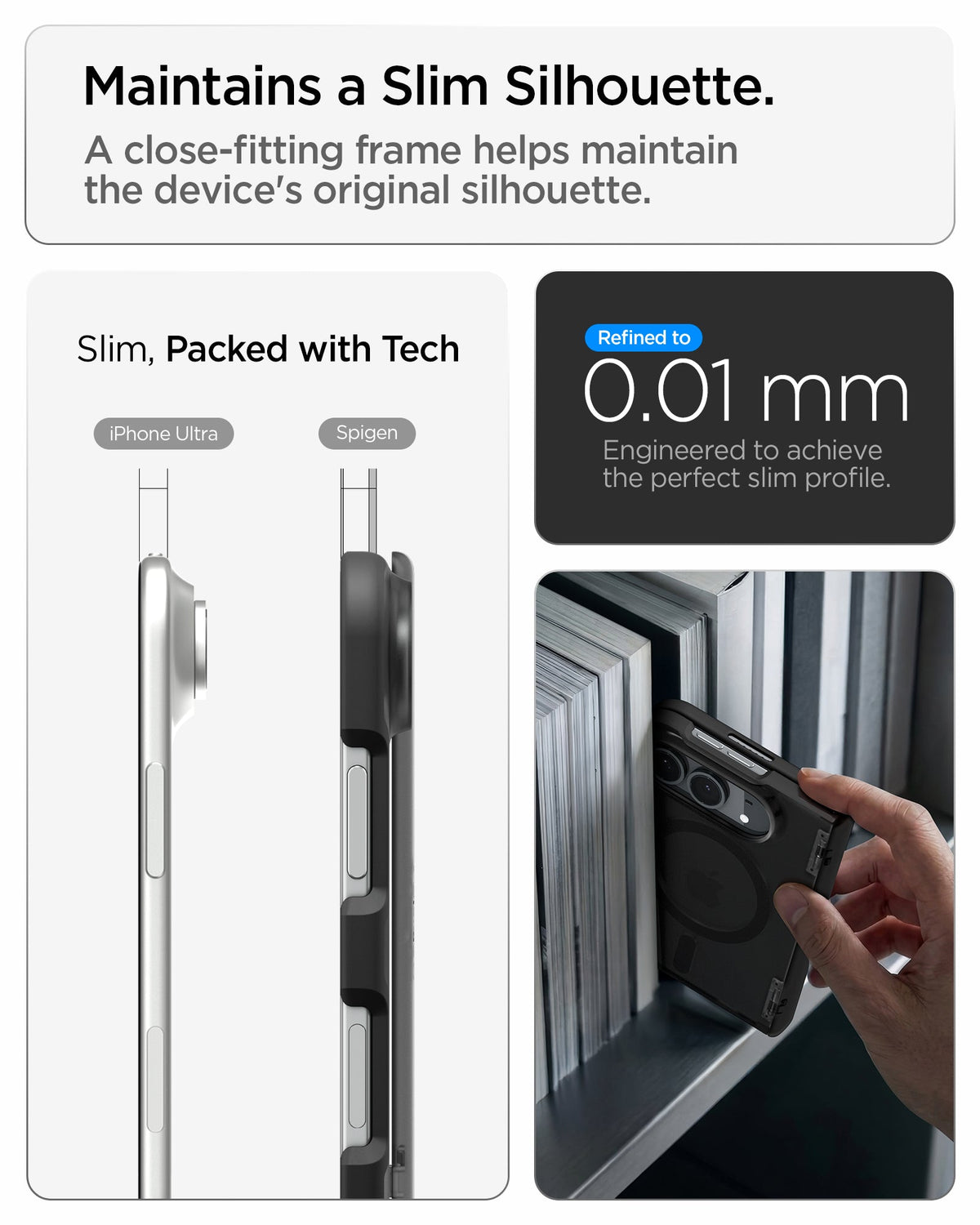 iPhone Duo Ultra Hybrid Pro (Mag Fit) in Frost Black showing the close-fitting frame designed to maintain a slim silhouette