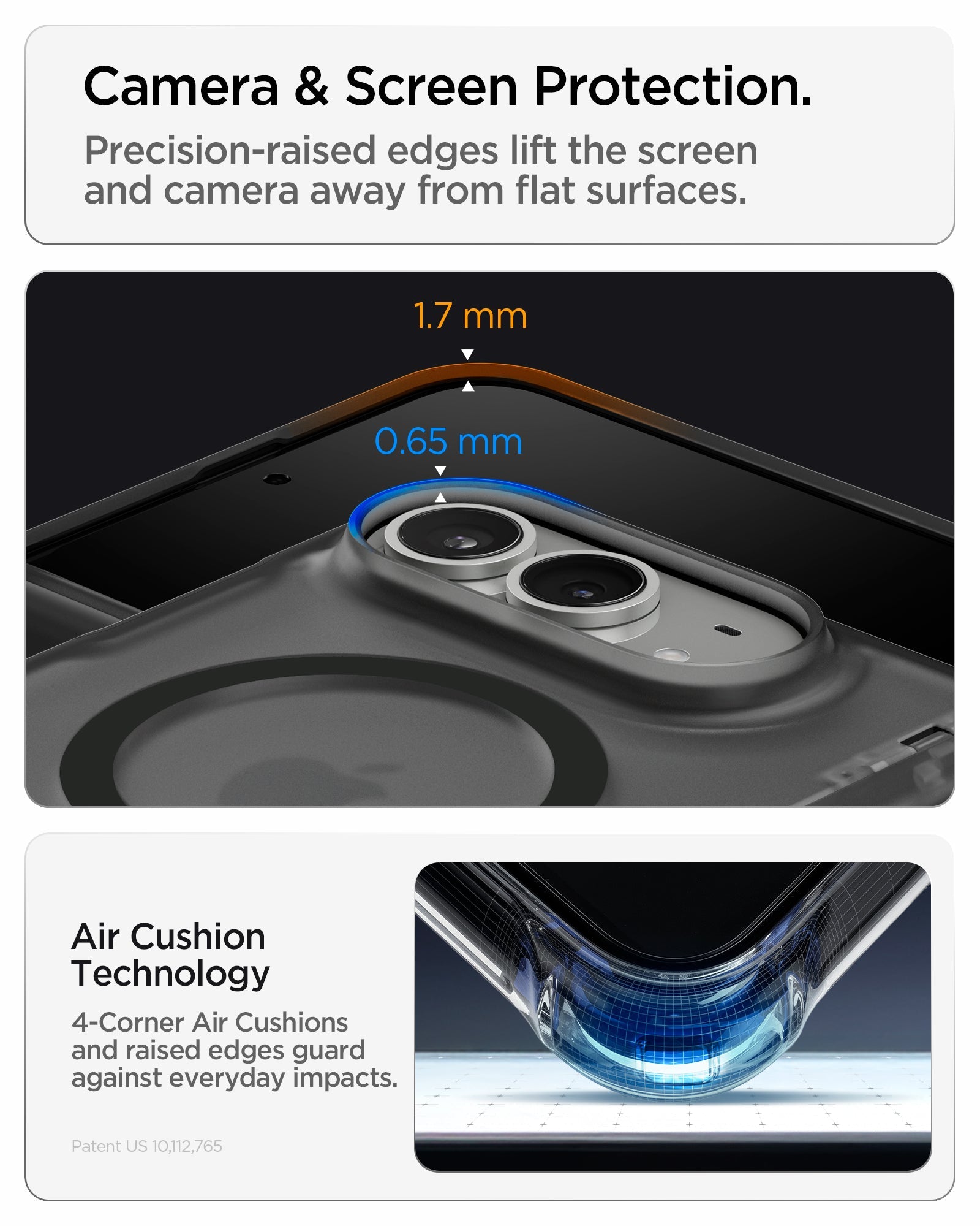 iPhone Duo Ultra Hybrid Pro (Mag Fit) in Frost Black showing raised screen and camera edges with reinforced corner cushioning