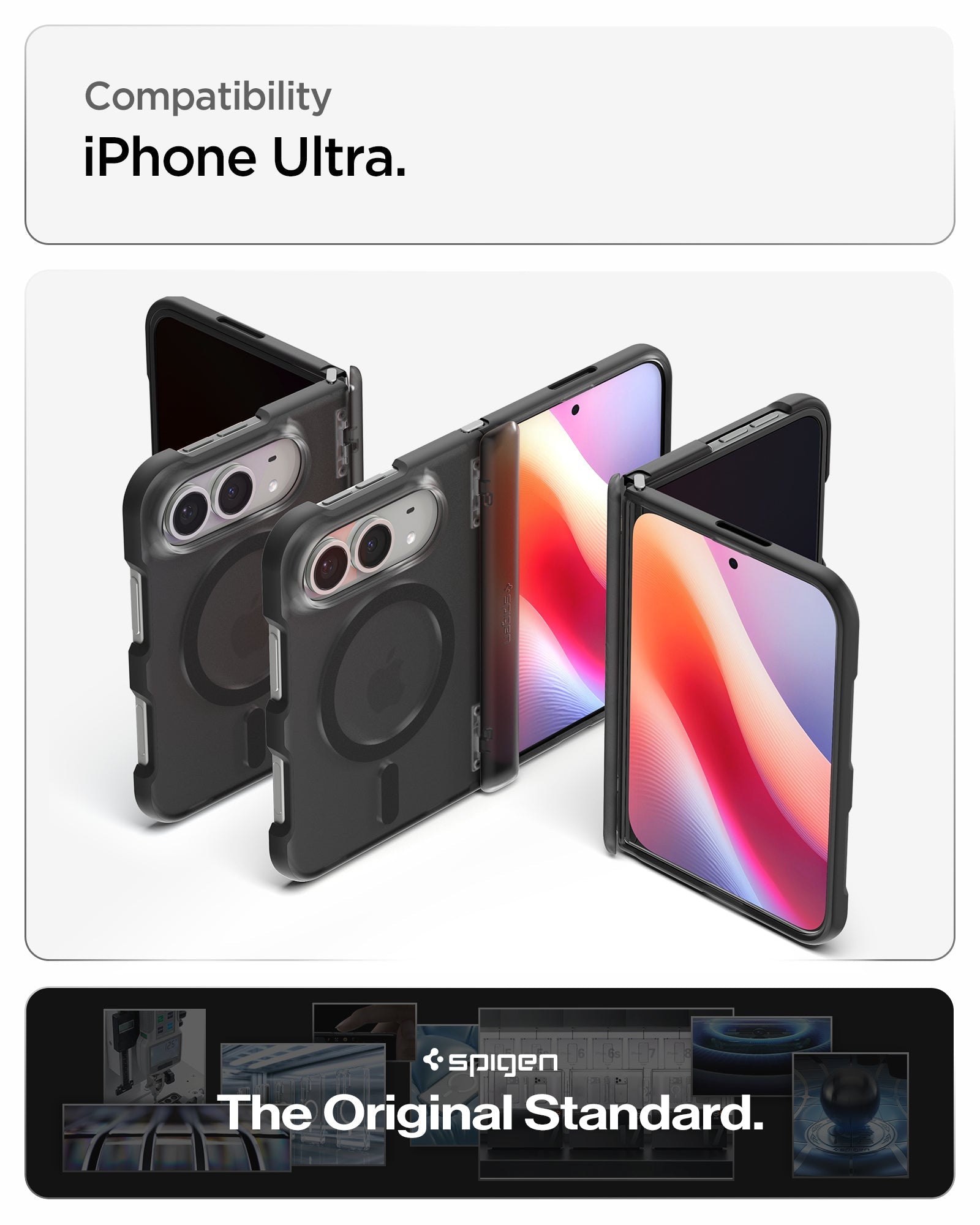 iPhone Duo Ultra Hybrid Pro (Mag Fit) in Frost Black showing compatibility across multiple folded and unfolded configurations