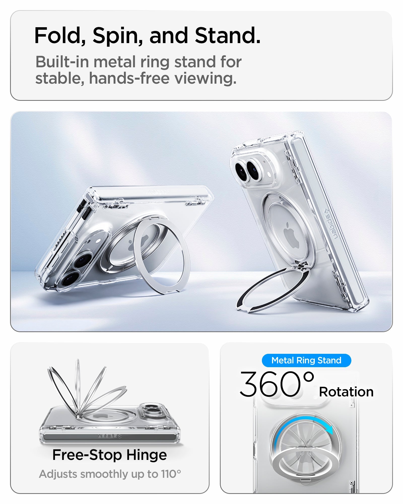 iPhone Duo Ultra Hybrid Pro S (Mag Fit) showing fold, spin, and stand free stop hinge and 360 rotation