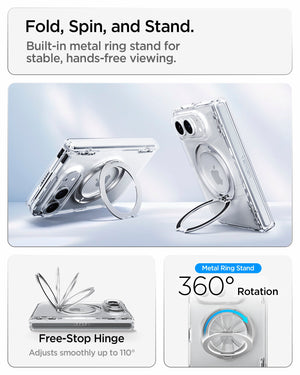 iPhone Duo Ultra Hybrid Pro S (Mag Fit) showing fold, spin, and stand free stop hinge and 360 rotation