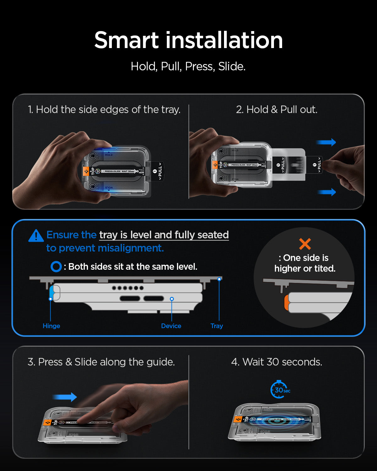 iPhone Duo Glas.tR EZ Fit Pro showing the step-by-step installation process using the alignment tray and pull tab.