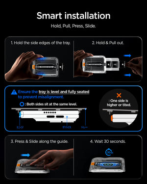 iPhone Duo GLAS.tR EZ Fit Pro | Privacy showing step-by-step installation instructions for holding, pulling, pressing, sliding, and waiting 30 seconds.