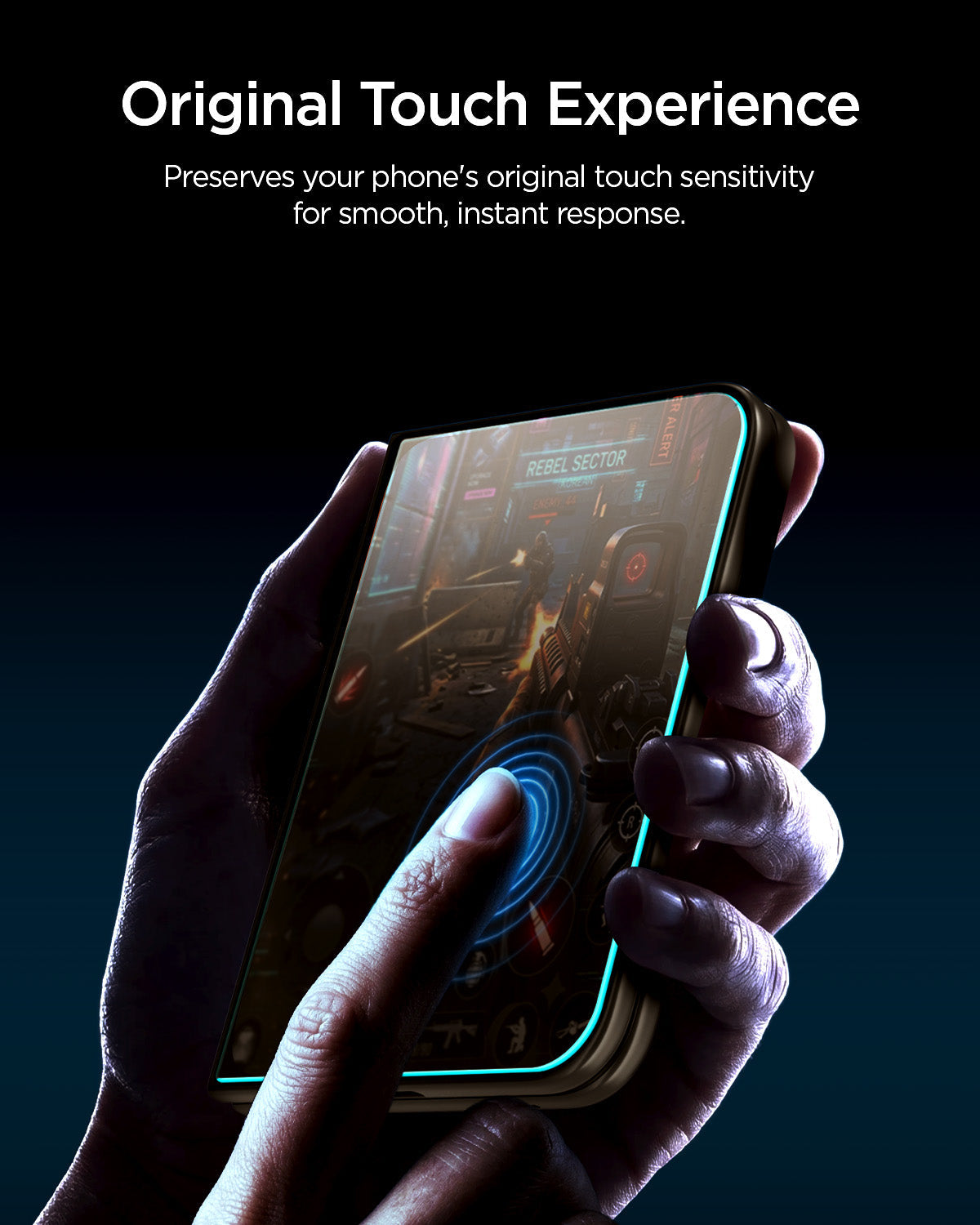 iPhone Duo GLAS.tR EZ Fit Pro | Privacy showing a hand interacting with the protected display to demonstrate responsive touch sensitivity.