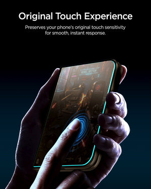 iPhone Duo GLAS.tR EZ Fit Pro | Privacy showing a hand interacting with the protected display to demonstrate responsive touch sensitivity.