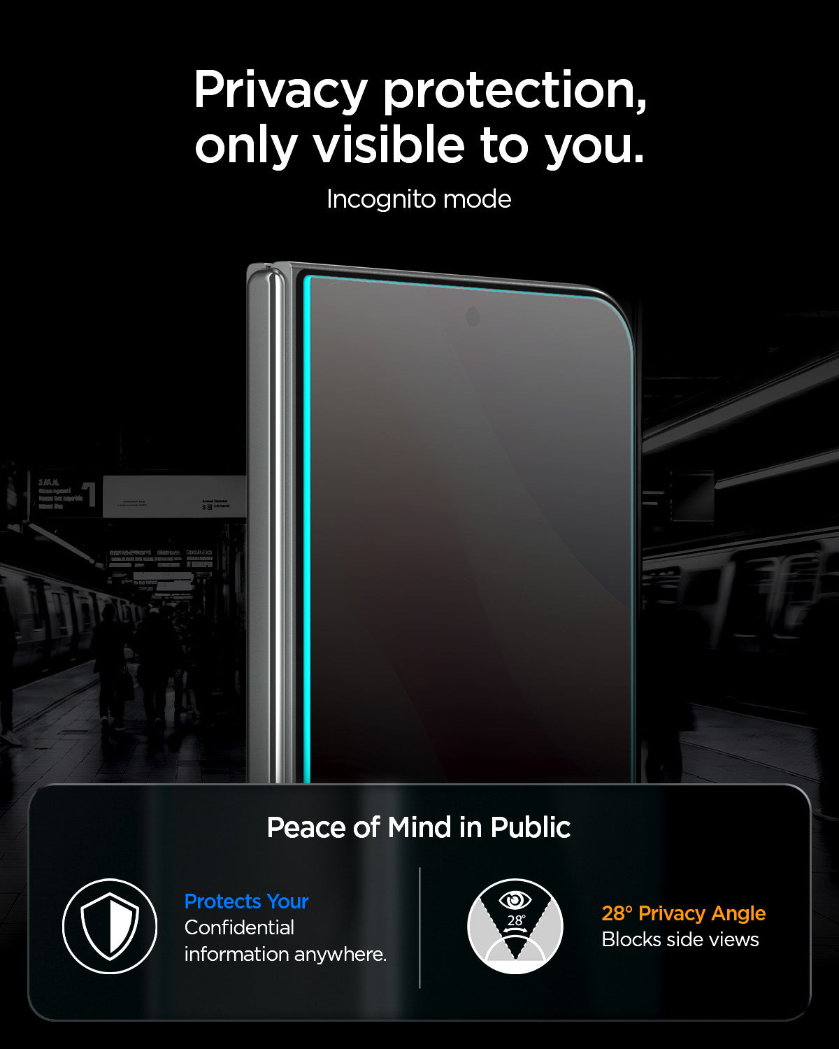iPhone Duo GLAS.tR EZ Fit Pro | Privacy showing the privacy screen limiting side visibility with a 28-degree privacy viewing angle.