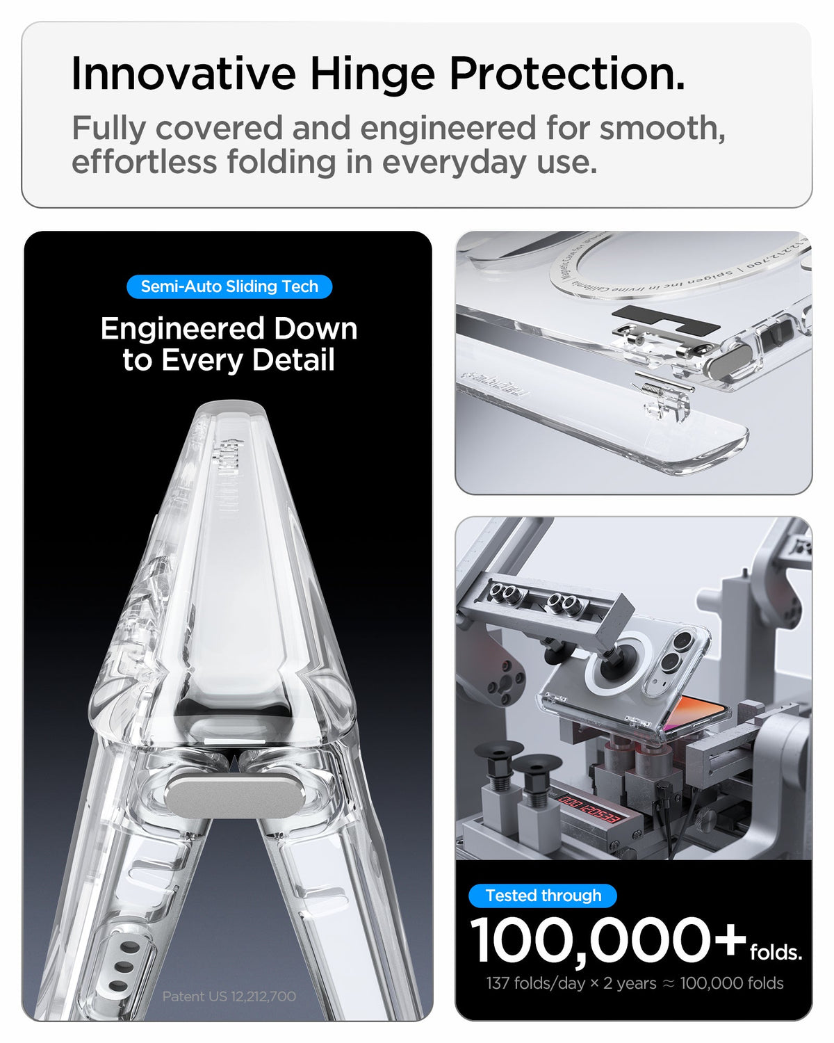 iPhone Duo Ultra Hybrid Pro (Mag Fit) in Clear White showing the hinge protection system with sliding components and fold testing