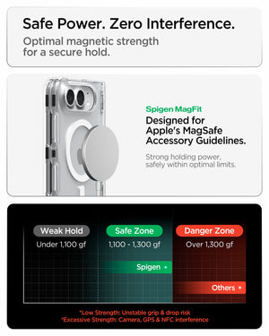 iPhone Duo Ultra Hybrid Pro (Mag Fit) in Clear White showing optimized magnetic strength for a secure hold with reduced interference