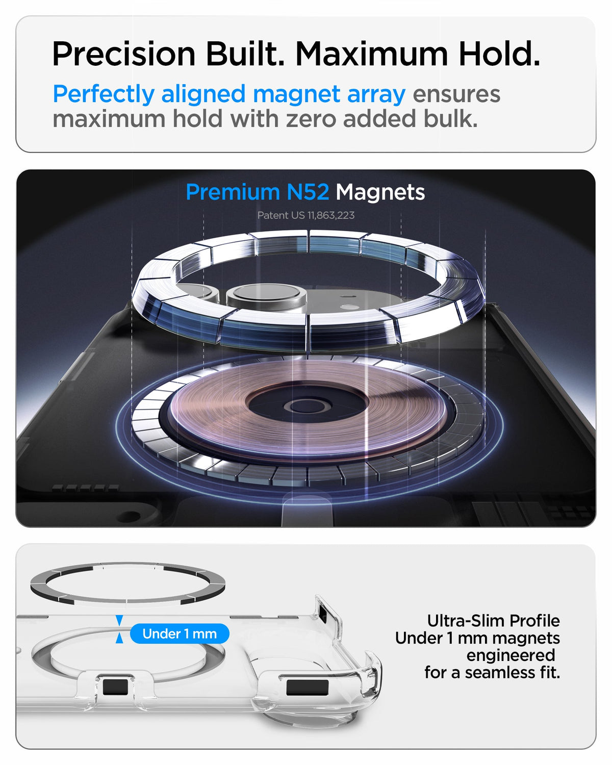 iPhone Duo Ultra Hybrid Pro (Mag Fit) in Clear White showing an aligned N52 magnet array and ultra-slim magnetic profile