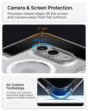 iPhone Duo Ultra Hybrid Pro (Mag Fit) in Clear White showing raised screen and camera edges with reinforced corner cushioning