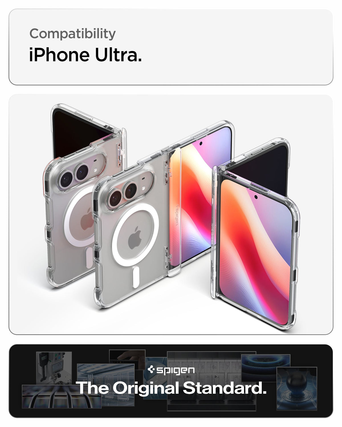 iPhone Duo Ultra Hybrid Pro (Mag Fit) in Clear White showing compatibility across multiple folded and unfolded configurations