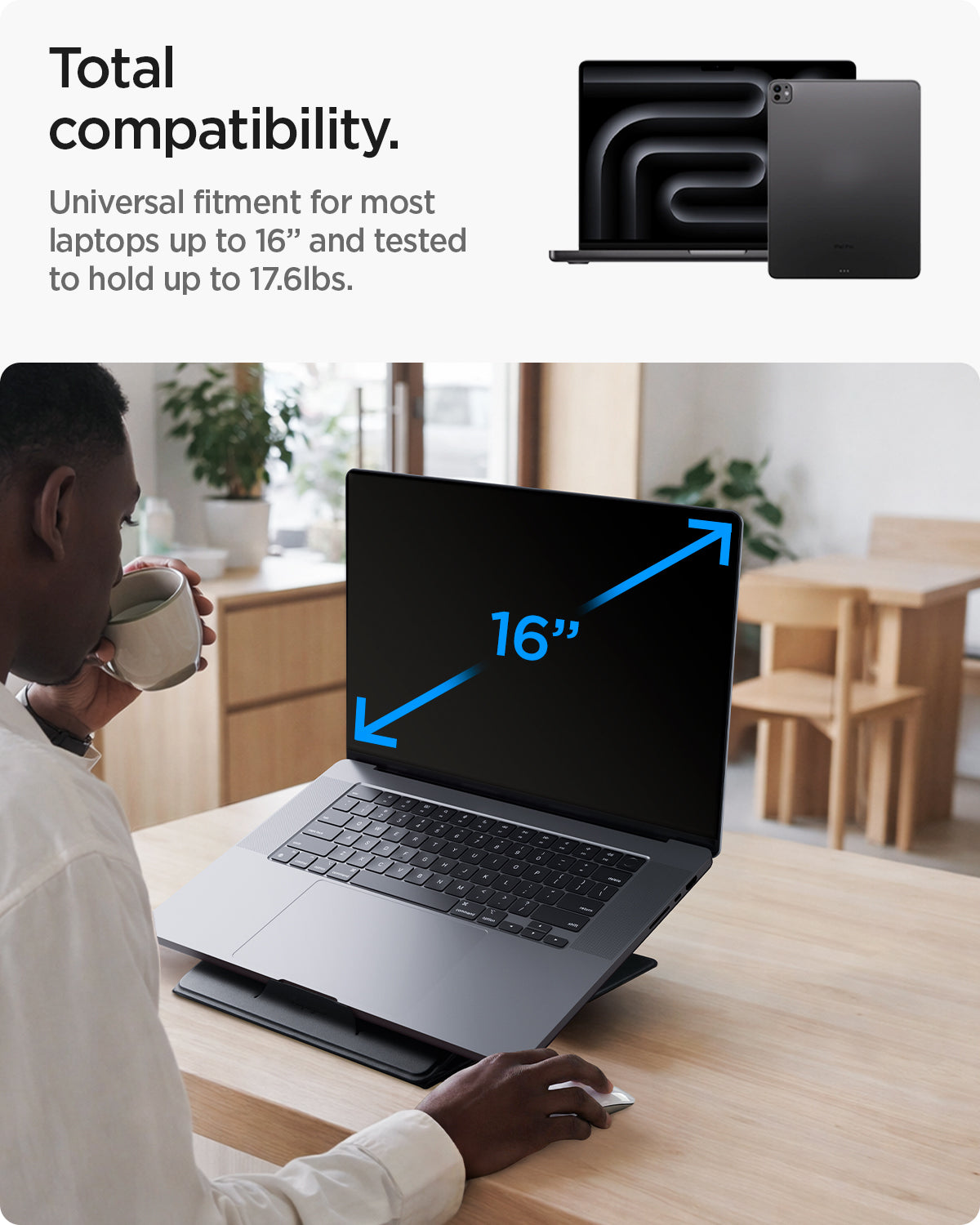 AMP11119 - Slim Fold Laptop Stand | LD201-S10 Black  showing total compatibility. universal fitment for most laptops up yo 16 inch and tested to hold up to 17.6 pounds