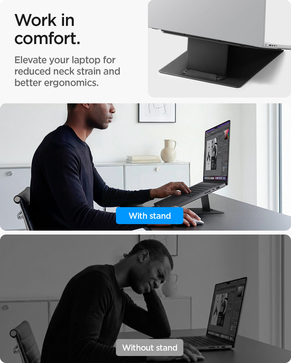 AMP11119 - Slim Fold Laptop Stand | LD201-S10 Black showing work in comfort