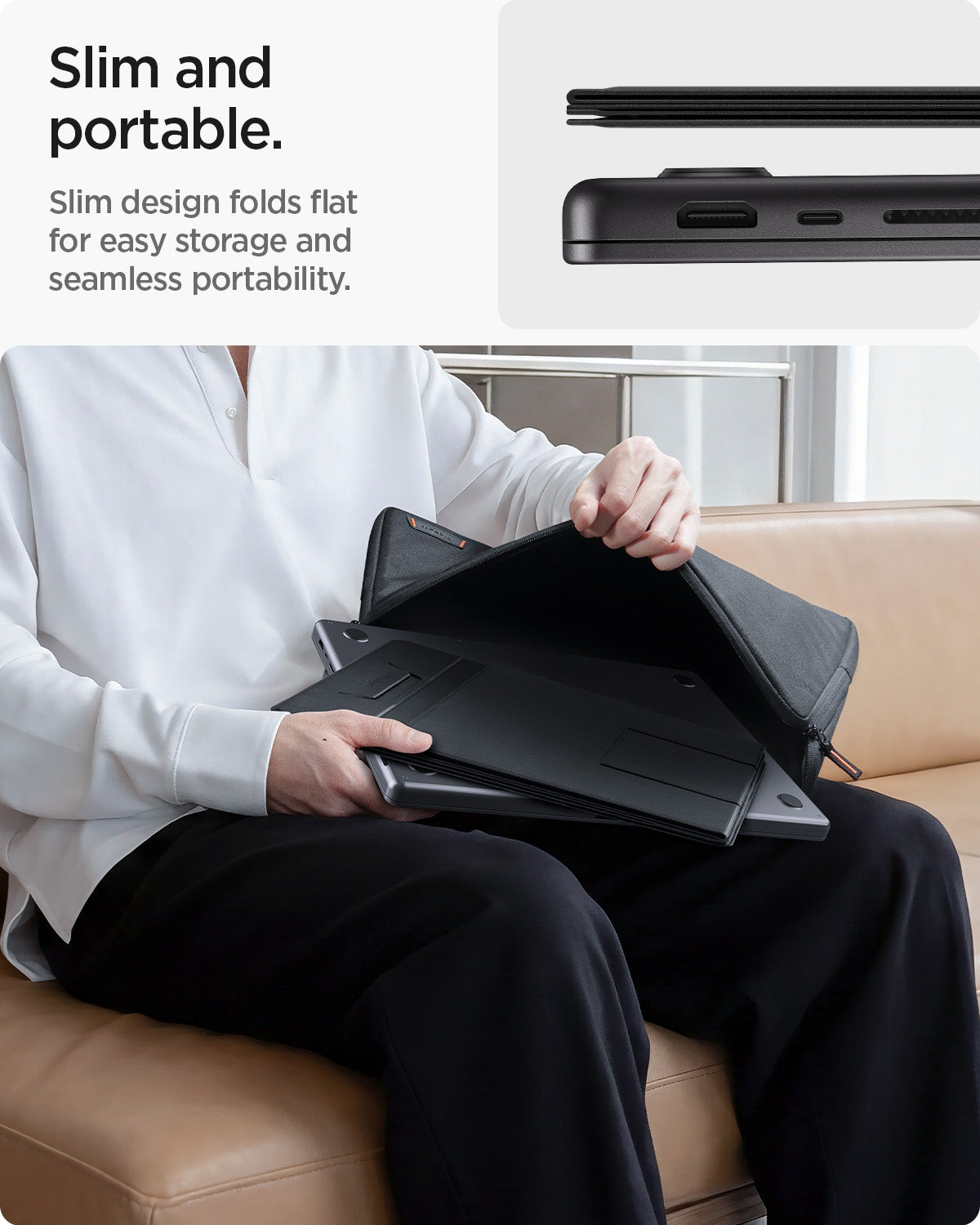 AMP11119 - Slim Fold Laptop Stand | LD201-S10 Black showing slim and portable